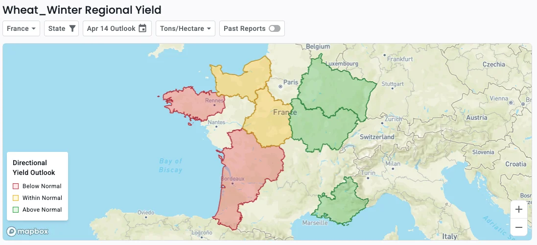 Map of France showing regional differences in below and above average yield for winter wheat.
